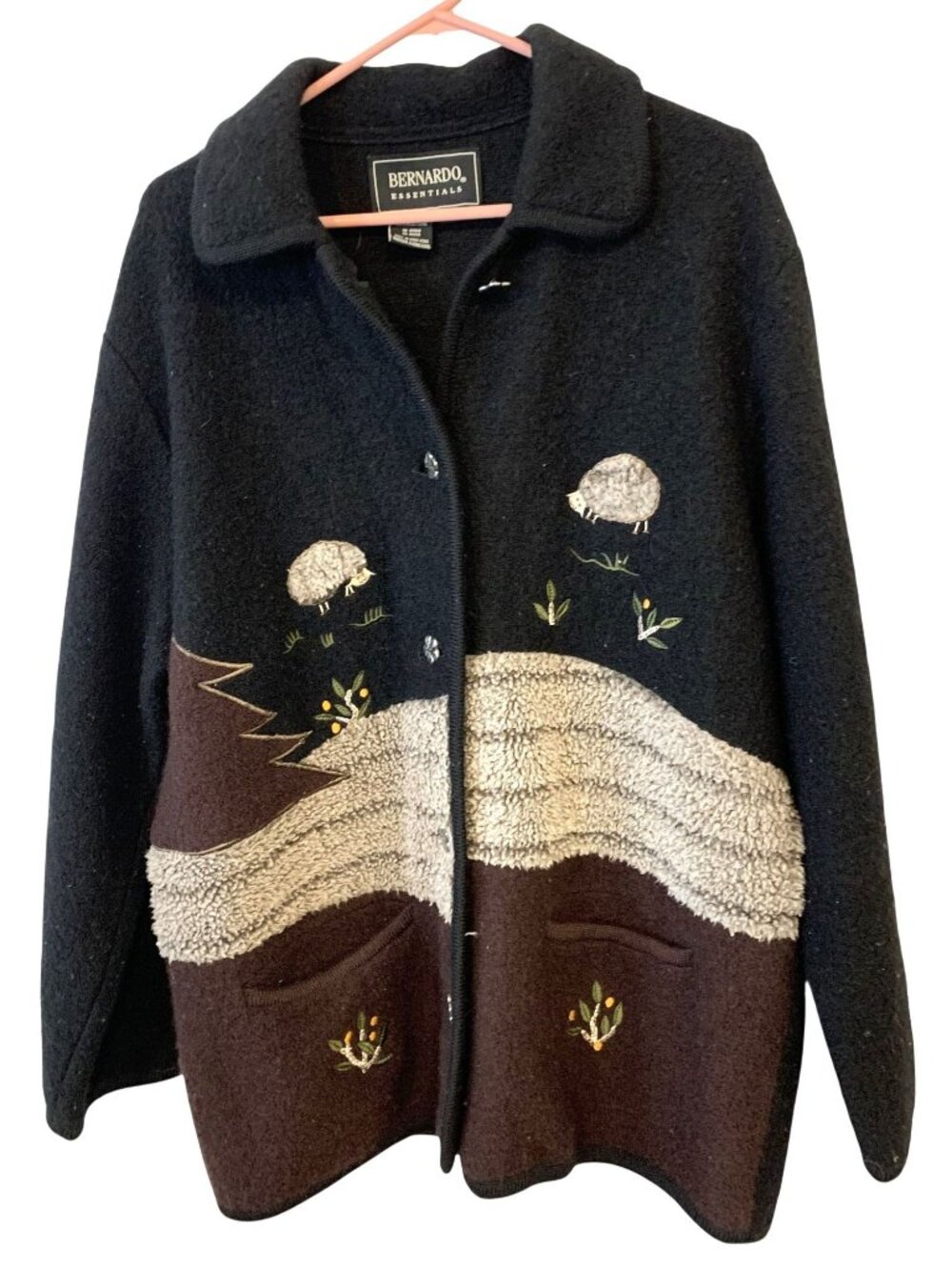 Bernardo Essentials M 100% Wool Jacket Embroidered Sheep Fleece Cottagecore